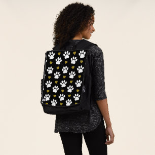 Pattern Of Paws, Dog Paws, White Paws, Gold Hearts Backpack