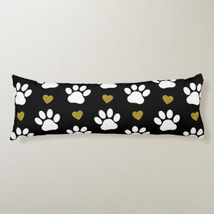 Pattern Of Paws, Dog Paws, White Paws, Gold Hearts Body Cushion