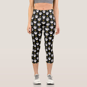 Pattern Of Paws, Dog Paws, White Paws, Gold Hearts Capri Leggings