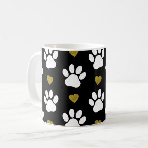 Pattern Of Paws, Dog Paws, White Paws, Gold Hearts Coffee Mug