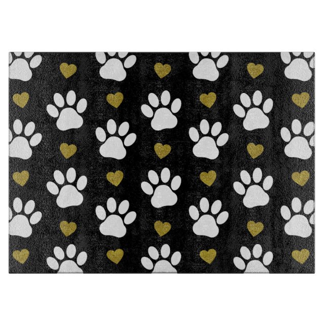 Pattern Of Paws, Dog Paws, White Paws, Gold Hearts Cutting Board (Front)