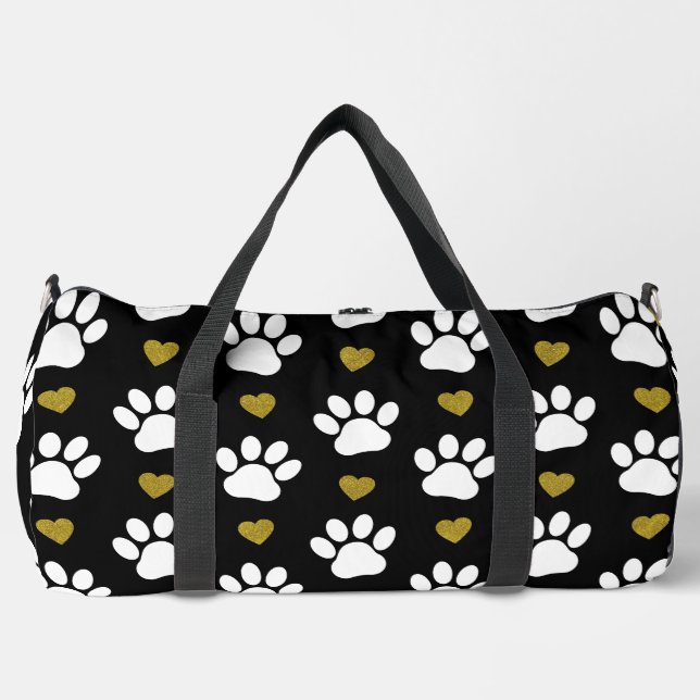 Pattern Of Paws, Dog Paws, White Paws, Gold Hearts Duffle Bag (Front)