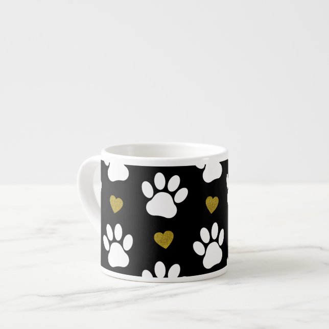 Pattern Of Paws, Dog Paws, White Paws, Gold Hearts Espresso Cup (Front Left)