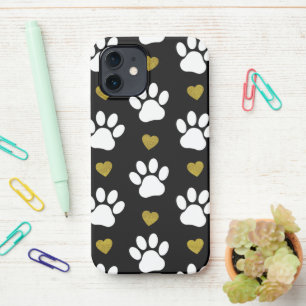 Pattern Of Paws, Dog Paws, White Paws, Gold Hearts iPhone 12 Case