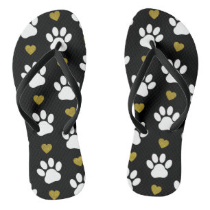 Pattern Of Paws, Dog Paws, White Paws, Gold Hearts Jandals
