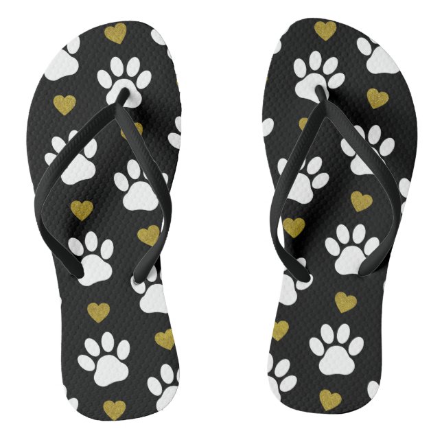 Pattern Of Paws, Dog Paws, White Paws, Gold Hearts Jandals (Footbed)