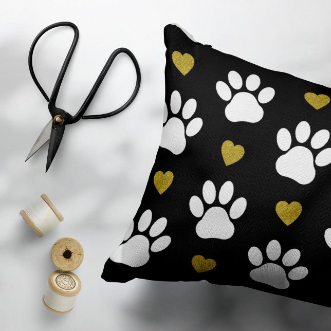 Pattern Of Paws, Dog Paws, White Paws, Gold Hearts Pillowcase (Creator Uploaded)
