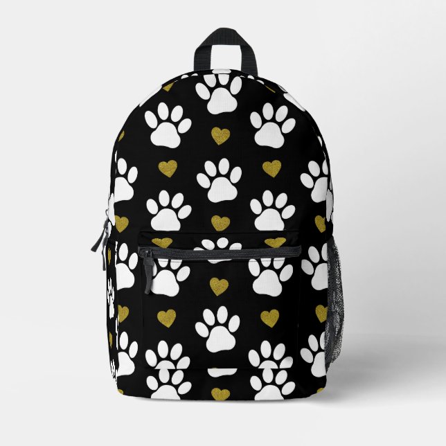 Pattern Of Paws, Dog Paws, White Paws, Gold Hearts Printed Backpack (Front)