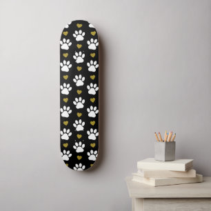 Pattern Of Paws, Dog Paws, White Paws, Gold Hearts Skateboard