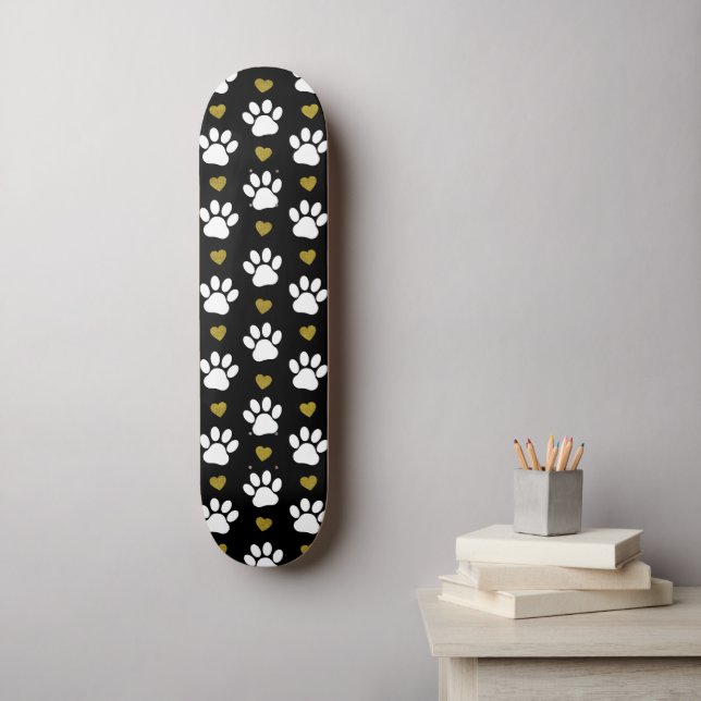 Pattern Of Paws, Dog Paws, White Paws, Gold Hearts Skateboard (Wall Art)