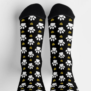 Pattern Of Paws, Dog Paws, White Paws, Gold Hearts Socks