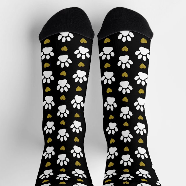 Pattern Of Paws, Dog Paws, White Paws, Gold Hearts Socks (Top)