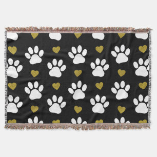 Pattern Of Paws, Dog Paws, White Paws, Gold Hearts Throw Blanket
