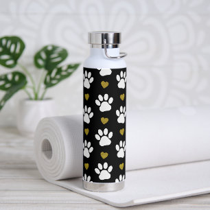 Pattern Of Paws, Dog Paws, White Paws, Gold Hearts Water Bottle