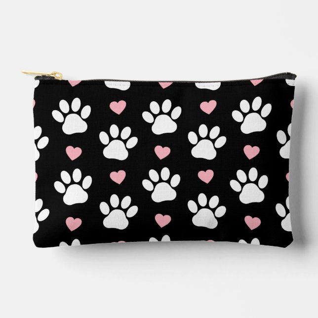 Pattern Of Paws, Dog Paws, White Paws, Pink Hearts Accessory Pouch (Front)