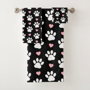 Pattern Of Paws, Dog Paws, White Paws, Pink Hearts Bath Towel Set