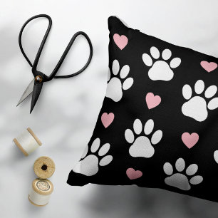 Pattern Of Paws, Dog Paws, White Paws, Pink Hearts Decorative Cushion