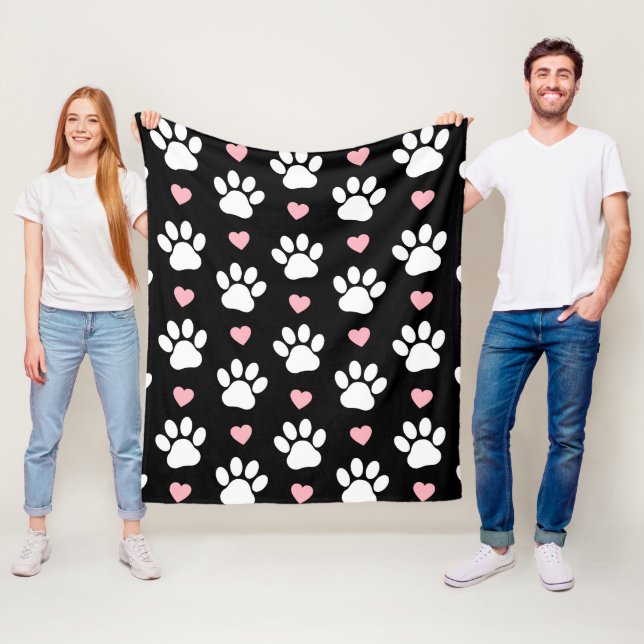 Pattern Of Paws, Dog Paws, White Paws, Pink Hearts Fleece Blanket (In Situ)
