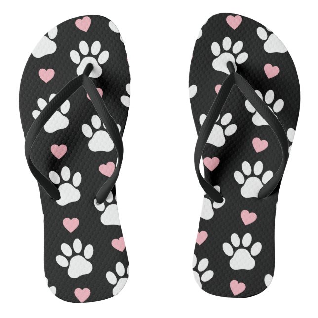 Pattern Of Paws, Dog Paws, White Paws, Pink Hearts Jandals (Footbed)