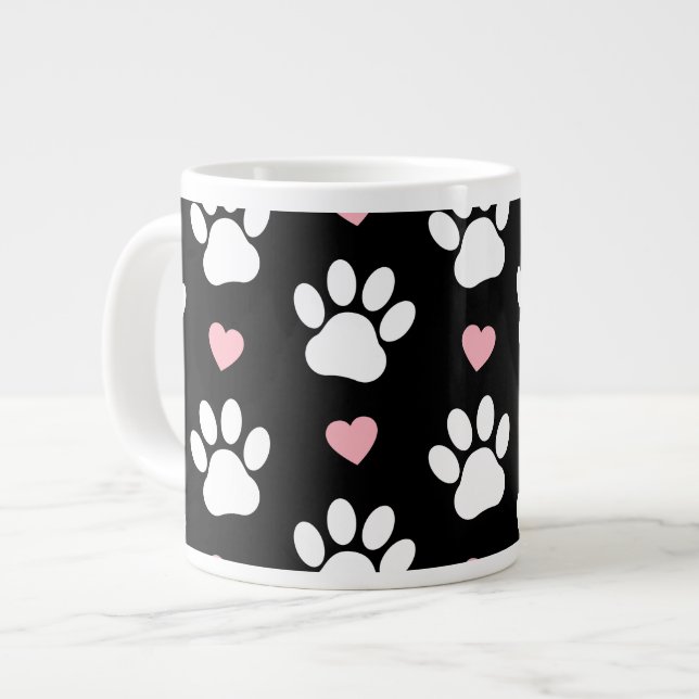 Pattern Of Paws, Dog Paws, White Paws, Pink Hearts Large Coffee Mug (Front Left)