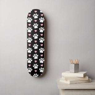Pattern Of Paws, Dog Paws, White Paws, Pink Hearts Skateboard
