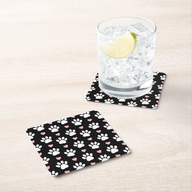 Pattern Of Paws, Dog Paws, White Paws, Pink Hearts Square Paper Coaster (Insitu)