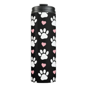Pattern Of Paws, Dog Paws, White Paws, Pink Hearts Thermal Tumbler