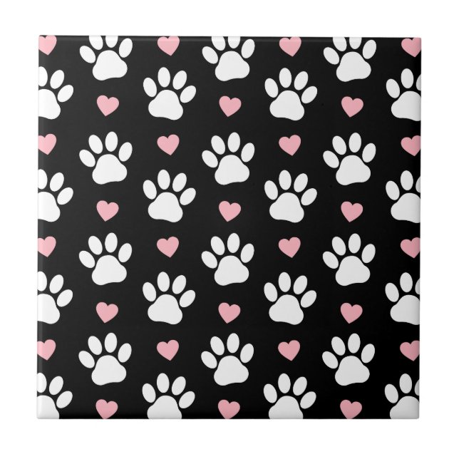 Pattern Of Paws, Dog Paws, White Paws, Pink Hearts Tile (Front)