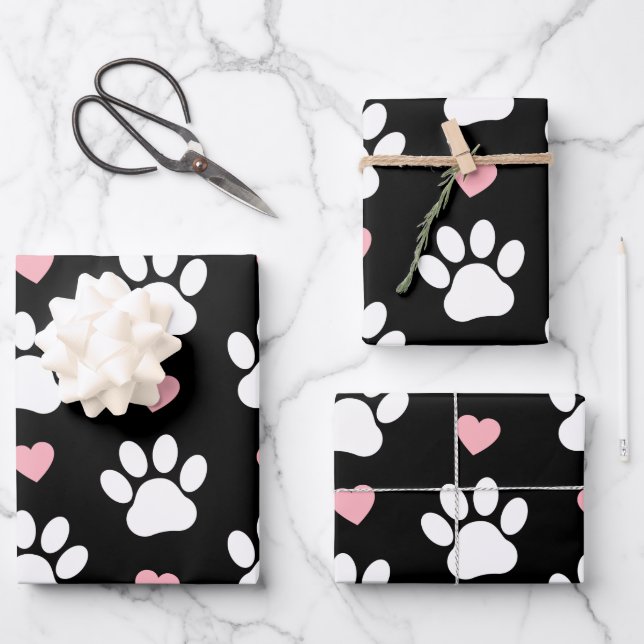 Pattern Of Paws, Dog Paws, White Paws, Pink Hearts Wrapping Paper Sheet (Front)