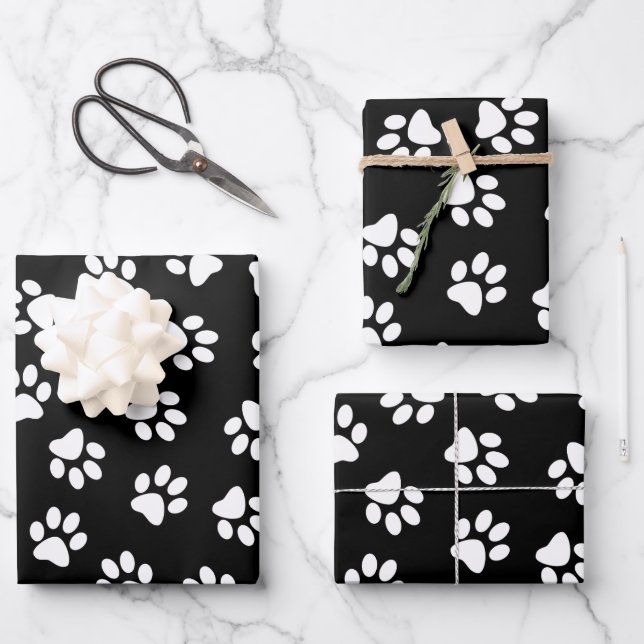 Pattern Of Paws, Dog Paws, White Paws Wrapping Paper Sheet (Front)