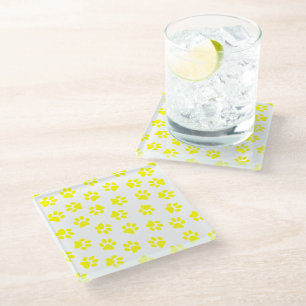 Pattern Of Paws, Dog Paws, Yellow Paws Glass Coaster