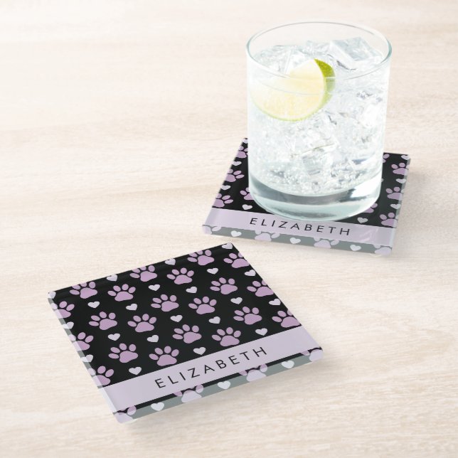 Pattern Of Paws, Lilac Paws, Hearts, Your Name Glass Coaster (Angled)