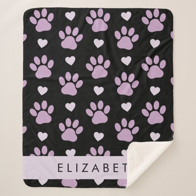 Pattern Of Paws, Lilac Paws, Hearts, Your Name Sherpa Blanket (Front)