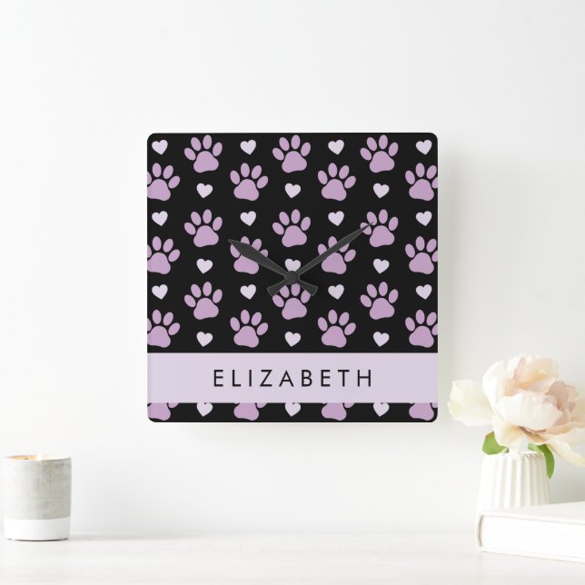 Pattern Of Paws, Lilac Paws, Hearts, Your Name Square Wall Clock (Home)
