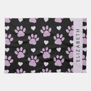 Pattern Of Paws, Lilac Paws, Hearts, Your Name Tea Towel
