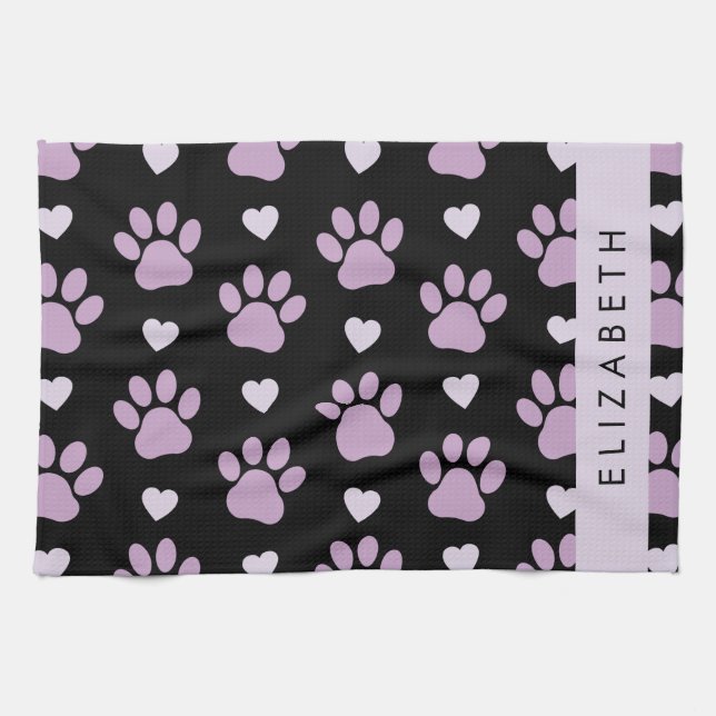 Pattern Of Paws, Lilac Paws, Hearts, Your Name Tea Towel (Horizontal)