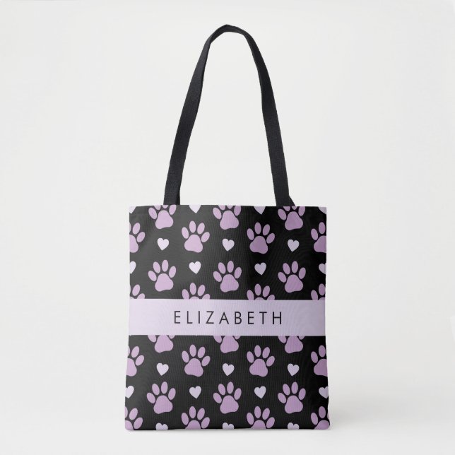 Pattern Of Paws, Lilac Paws, Hearts, Your Name Tote Bag (Front)