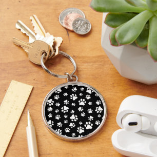 Pattern Of Paws, Paw Prints, Black and White Key Ring