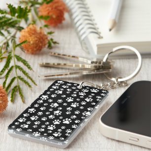 Pattern Of Paws, Paw Prints, Black and White Key Ring