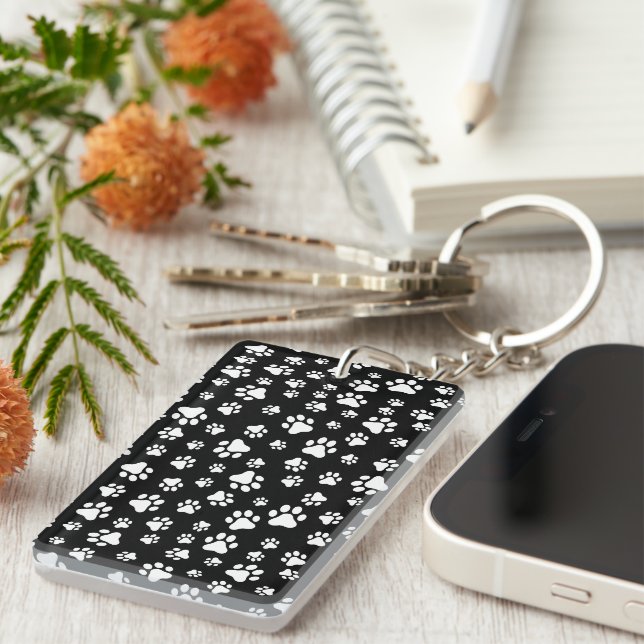 Pattern Of Paws, Paw Prints, Black and White Key Ring (Front Right)