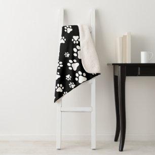 Pattern Of Paws, Paw Prints, Black and White Sherpa Blanket