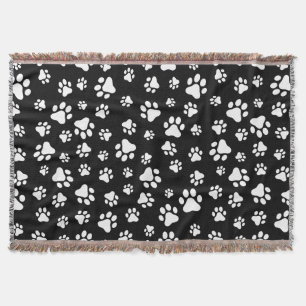 Pattern Of Paws, Paw Prints, Black and White Throw Blanket