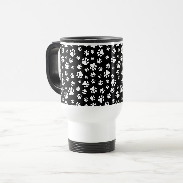 Pattern Of Paws, Paw Prints, Black and White Travel Mug (Front Left)