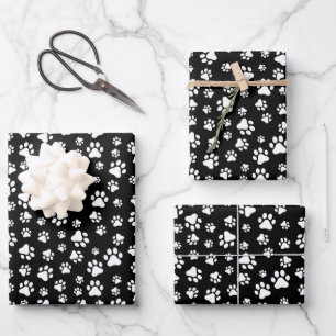Pattern Of Paws, Paw Prints, Black and White Wrapping Paper Sheet