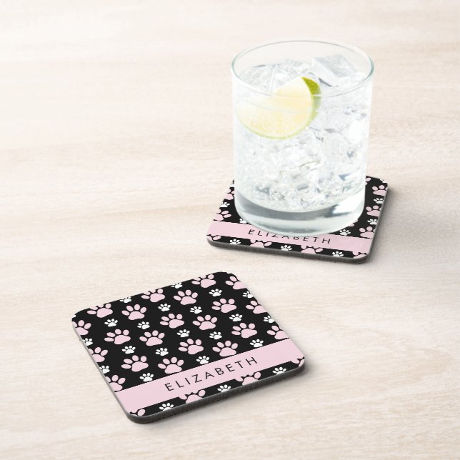 Pattern Of Paws, Pink Paws, Dog Paws, Your Name Coaster (Right Side)
