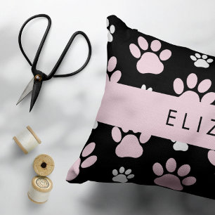 Pattern Of Paws, Pink Paws, Dog Paws, Your Name Decorative Cushion