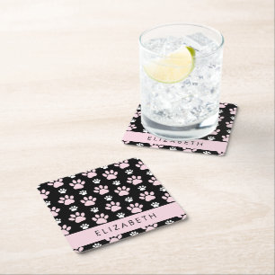 Pattern Of Paws, Pink Paws, Dog Paws, Your Name Square Paper Coaster