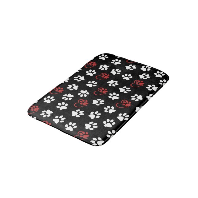 Pattern Of Paws, White Paws, Red Paws, Hearts Bath Mat (Angled)