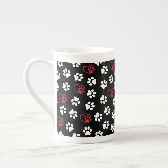 Pattern Of Paws, White Paws, Red Paws, Hearts Bone China Mug (Left)
