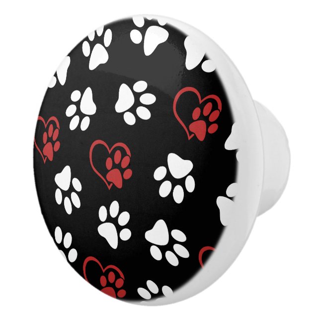 Pattern Of Paws, White Paws, Red Paws, Hearts Ceramic Knob (Right)